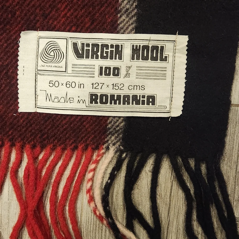 Vintage 100% Virgin Wool Blanket Red Black Plaid Tartan Romanian EUC
